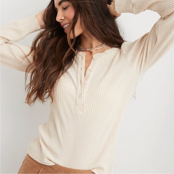 Aerie Road Trip Long Sleeve Henley Ribbed Top Size S - Picture 1 of 9